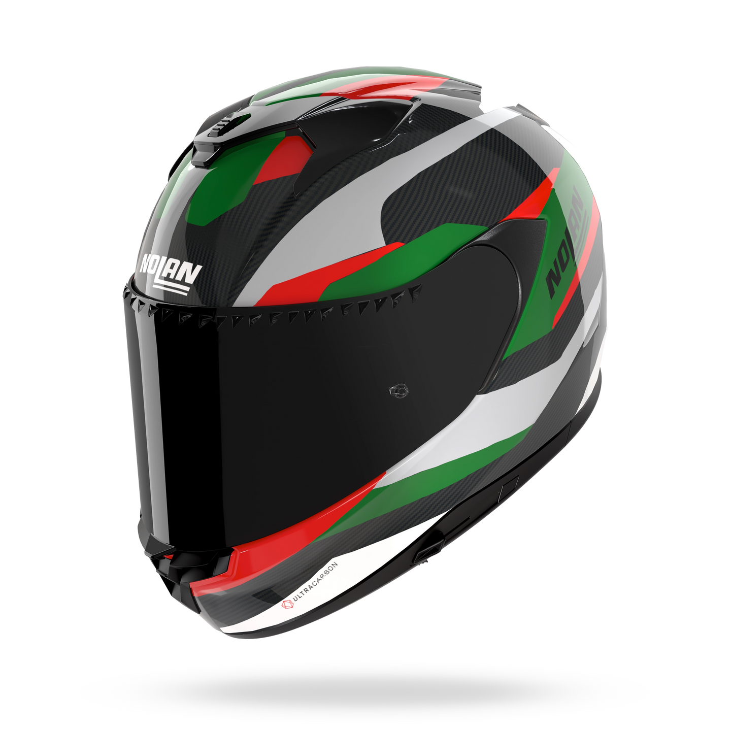 Nolan casco integrale X-904 ULTRA CARBON CALIBRO Argento / Verde / Rosso - vista 3/4