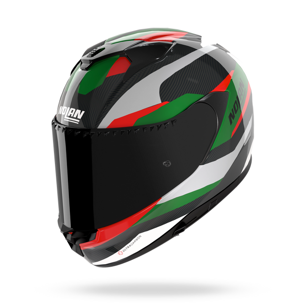 Nolan casco integrale X-904 ULTRA CARBON CALIBRO Argento / Verde / Rosso - vista 3/4