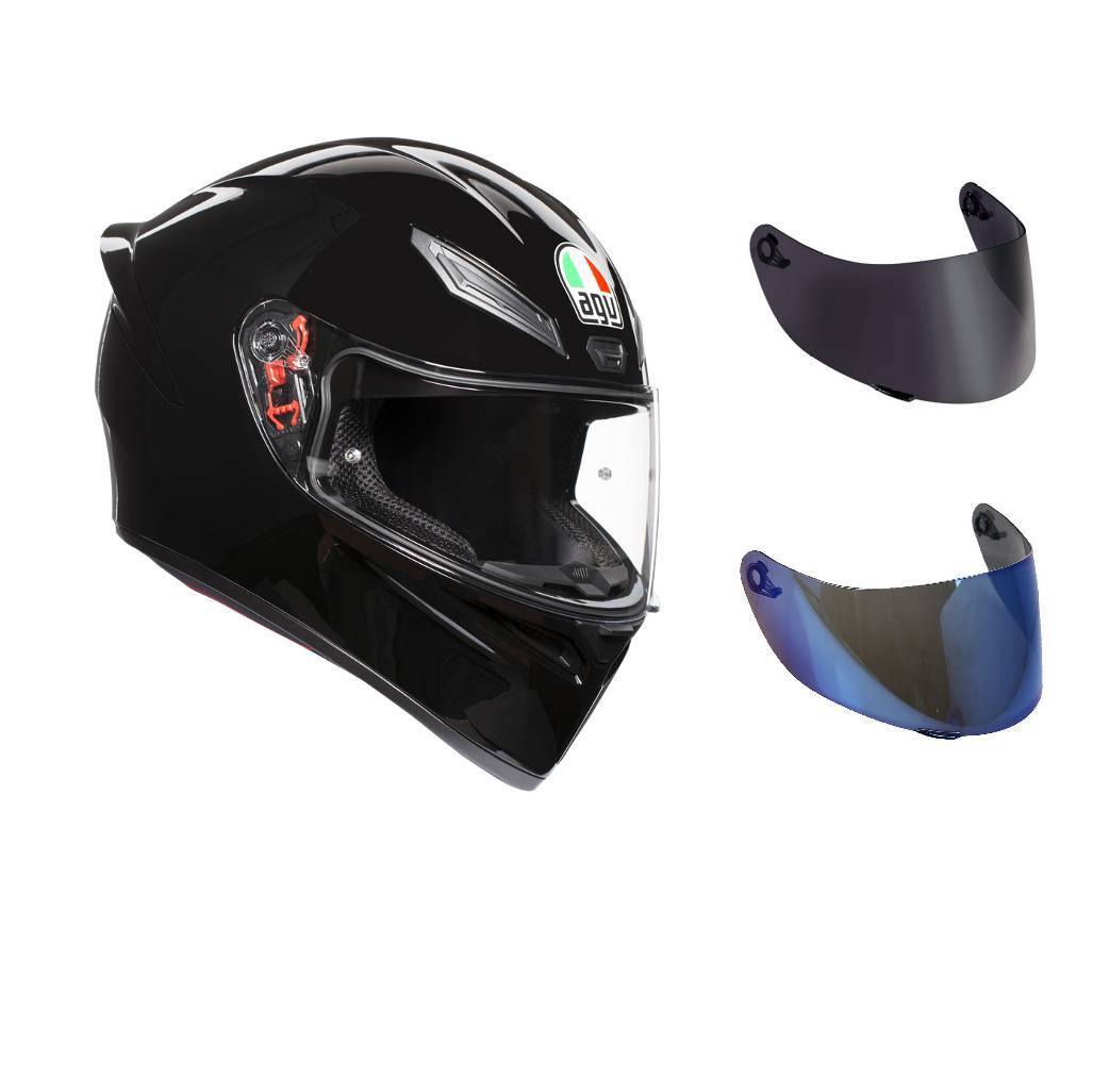 casco agv k1 top solid nero lucido + visiera specchio blu + visiera fume